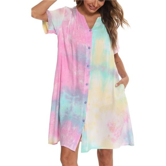 Women's Cotton Striped House Dress Short Sleeve Button Down Duster Robe